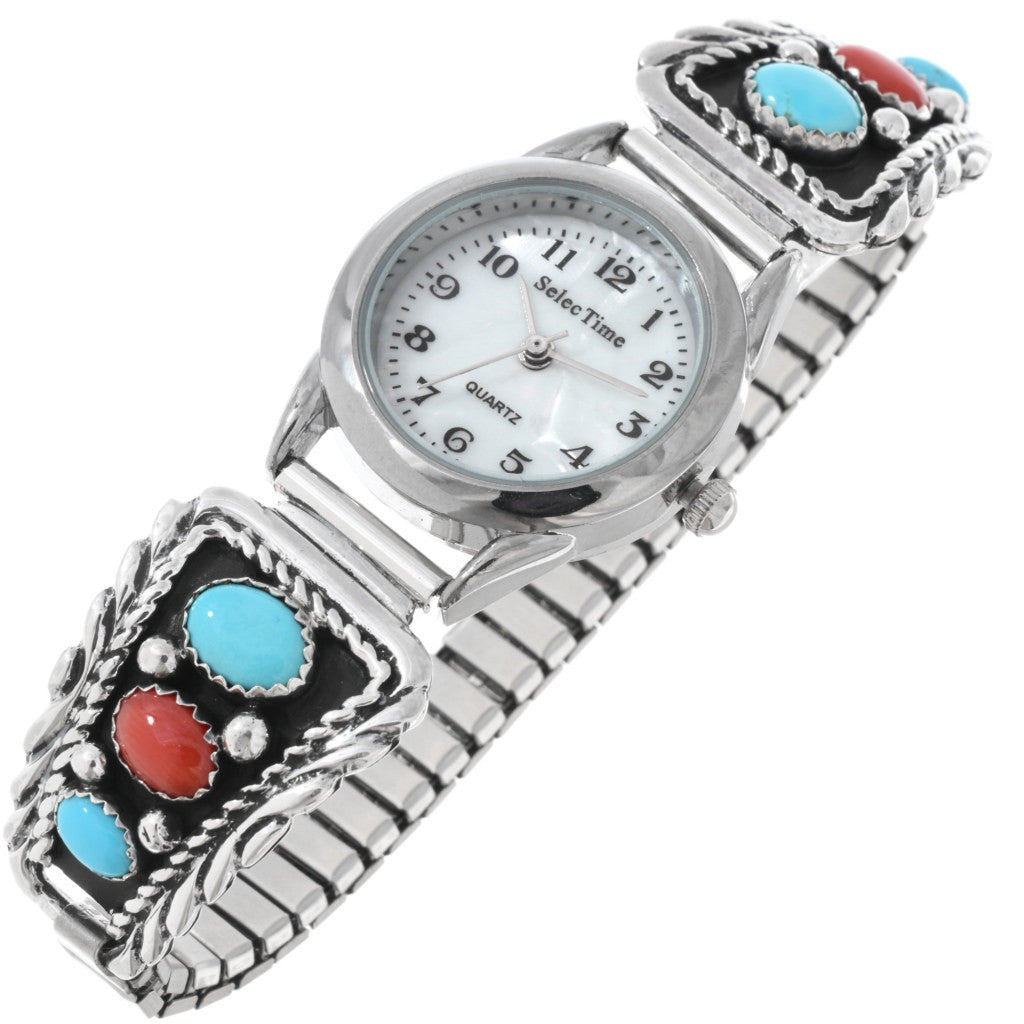 Navajo-Turquoise-Coral-women-Watch-Bracelet-sterling-silver-stretch-band