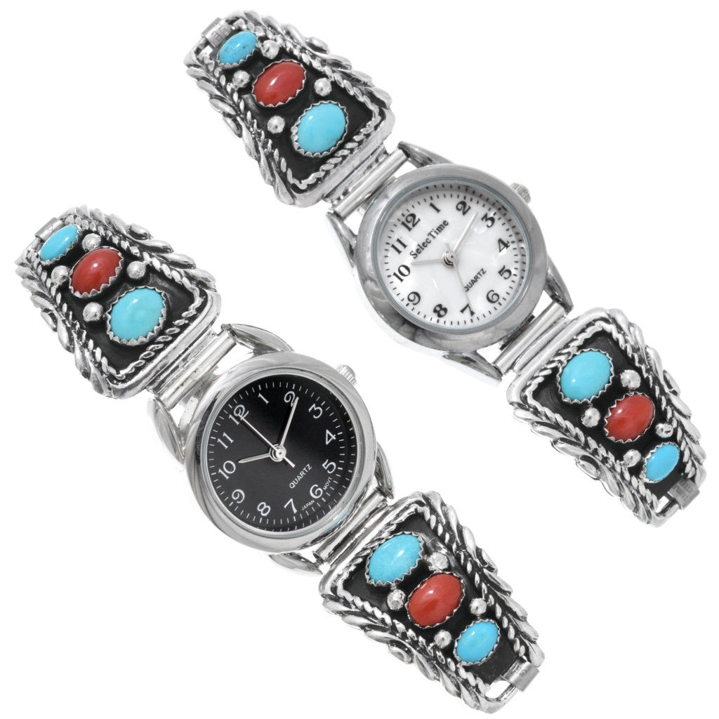 Turquoise-Coral-women-Watch-Bracelet-sterling-silver-stretch-band-white-black