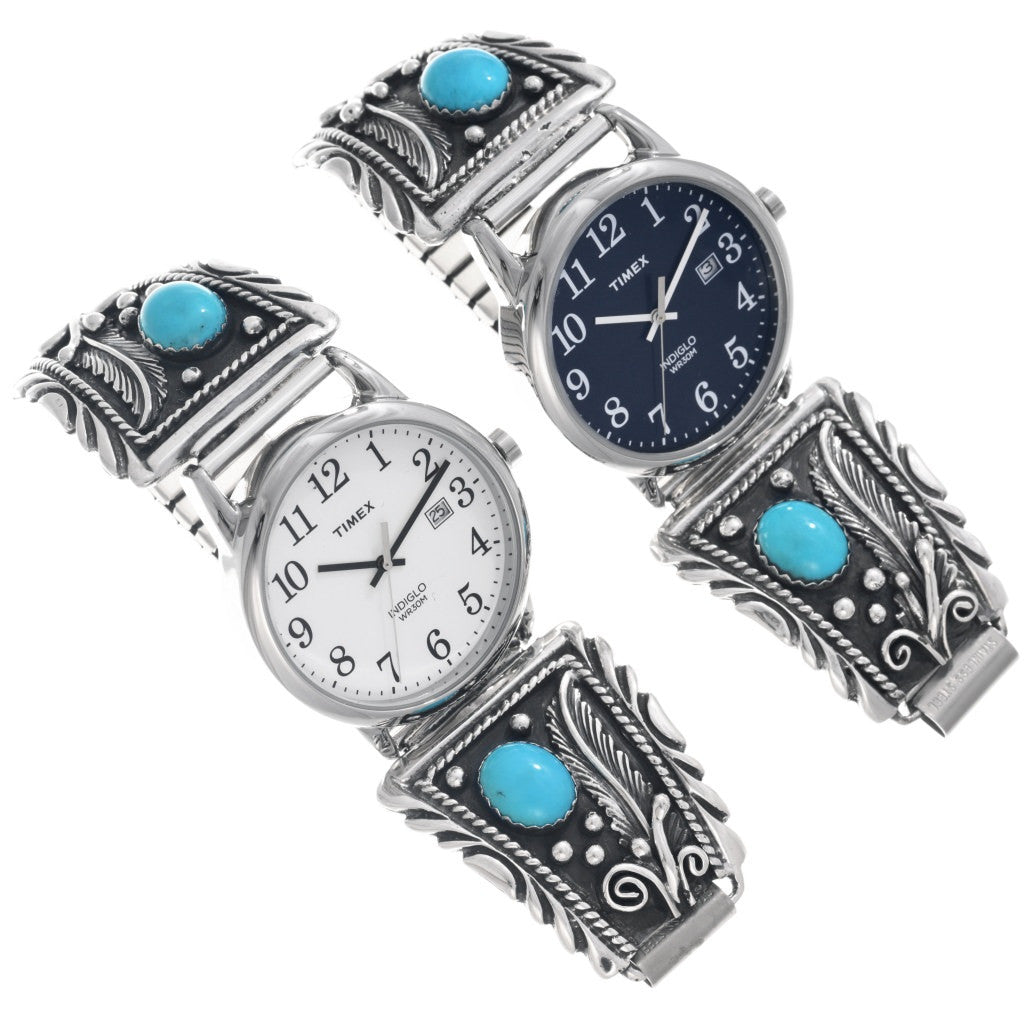 mens-turquoise-timex-indiglo-watch-sterling-silver-navajo-dials