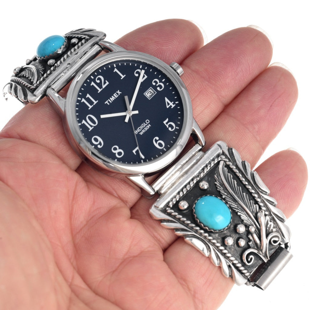 mens-turquoise-timex-indiglo-watch-sterling-silver-navajo-on-hand